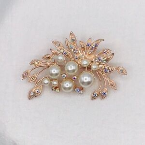 Vtg 90’s Brooch Floral AB Rhinestone Faux Pearl Statement Flower Leaf Estate 3”